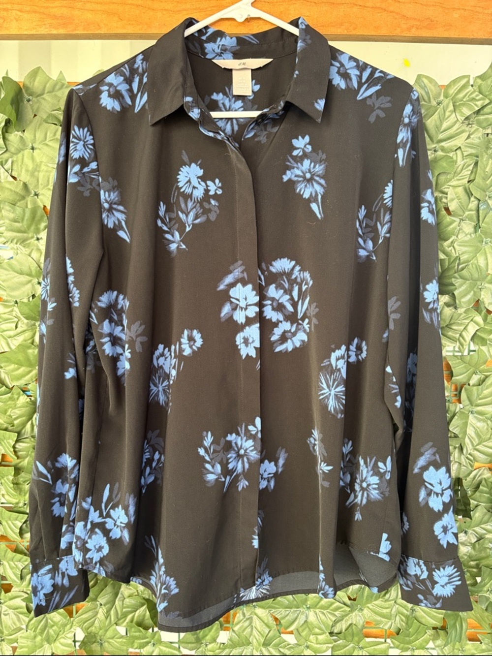 H&M Black Button-Down Shirt with Blue Floral Print